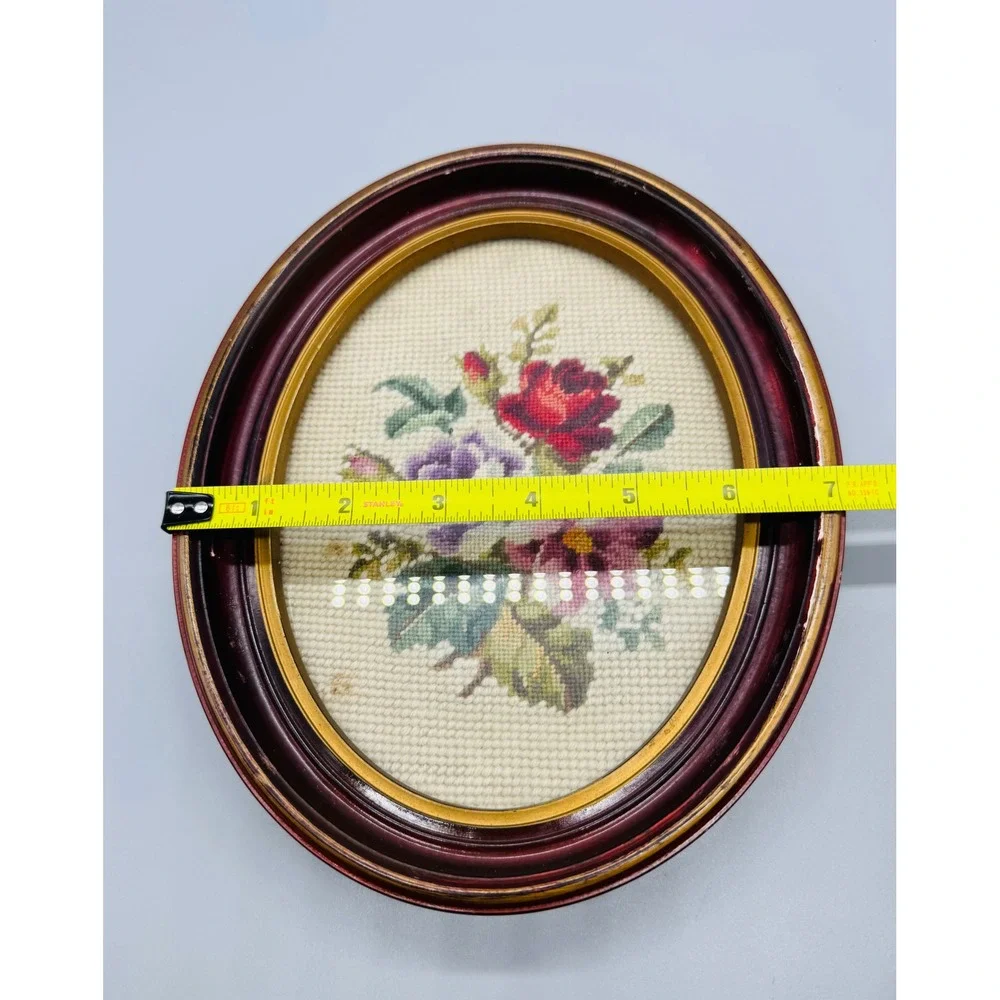Vintage Needlepoint Floral Art Oval Wood Frame Wall Decor
